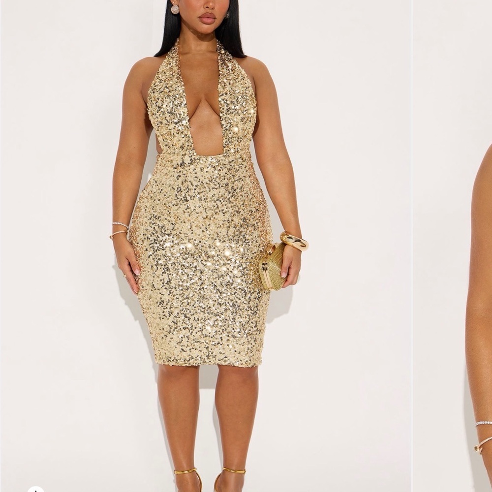 Fashion Nova Gold Sequin Midi Dress